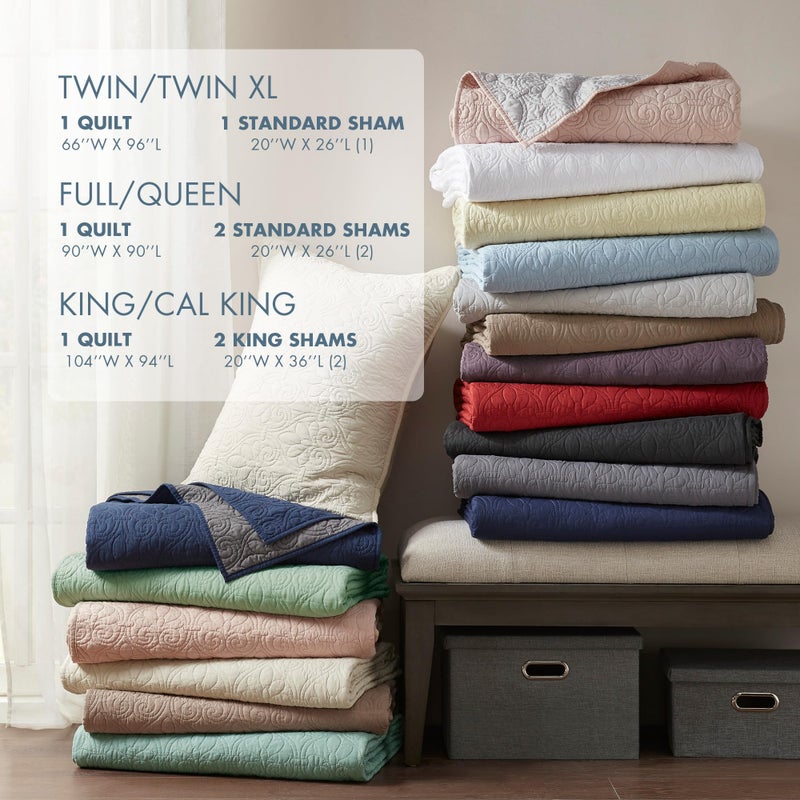 Madison Park Quebec Quilt Set - Luxurious Damask Stitching Design, Cotton Filled Lightweight Coverlet Bedspread Bedding, Shams, Full/Queen(90"x90"), Blue 3 Piece - Image 5